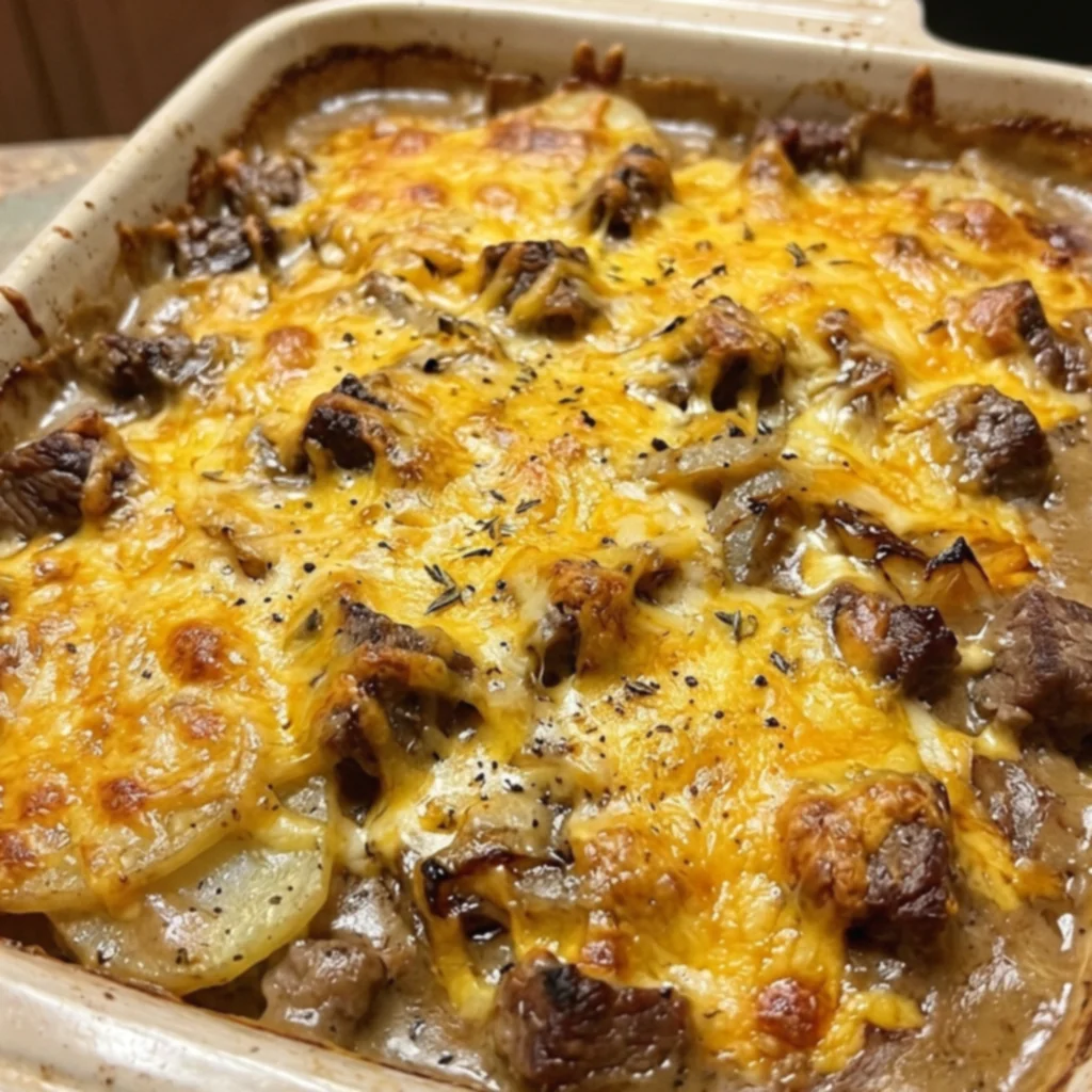 Steak Onion Cheddar Scalloped Potato Bake