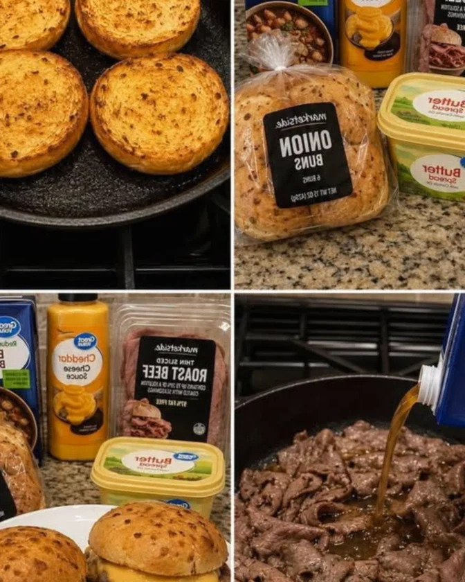 Tonights easy dinner is Beef & Cheddar Thin deli roast beef Onion buns Cheddar cheese sauce Beef broth or au jus Butter